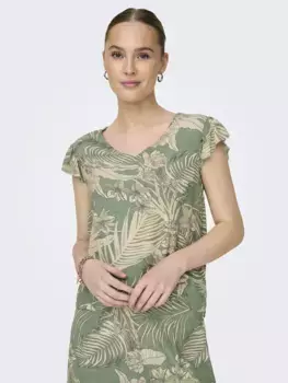 Футболка ONLY "ONLPALINA LIFE SS V-NECK TOP PTM", цвет Hedge Green Aop:Lovely Palm
