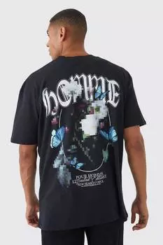Футболка oversize homme с удлиненным вырезом и цветочным отделением Boohoo, черный