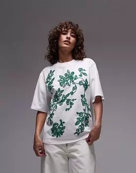 Футболка oversize из рафии с вышивкой зеленого цвета Topshop белого цвета