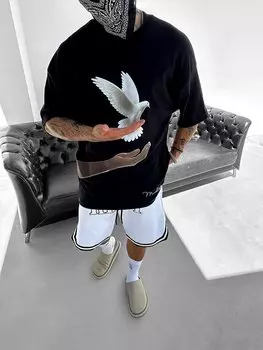 Футболка Oversize с голубиным принтом Черная ablukaonline