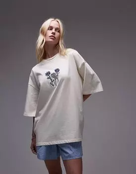 Футболка oversize с вышитым цветочным принтом Topshop цвета экрю