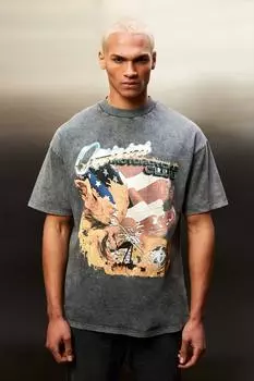 Футболка оверсайт с графикой acid wash eagle Boohoo, черный