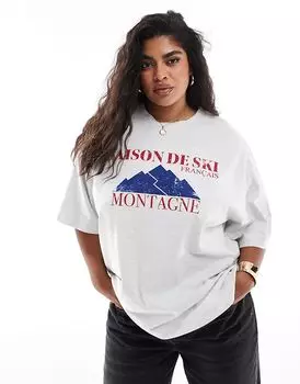 Футболка оверсайз ASOS DESIGN Curve из ледяного меланжа с принтом Saison de Ski
