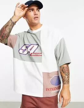 Футболка оверсайз ASOS DESIGN вафельного цвета в стиле колор-блок с многоместным принтом