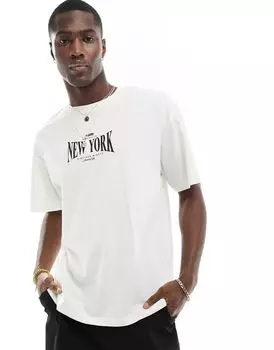 Футболка оверсайз цвета экрю Jack & Jones с принтом «Нью-Йорк» на груди