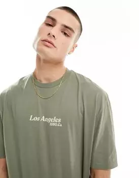 Футболка оверсайз цвета хаки с принтом Лос-Анджелеса на груди ASOS