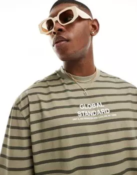 Футболка оверсайз цвета хаки в полоску с текстовым принтом на груди ASOS DESIGN