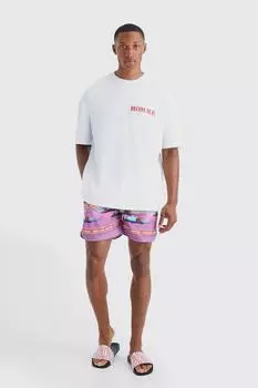 Футболка оверсайз и короткие плавательные коротки с графикой Boohoo, розовый
