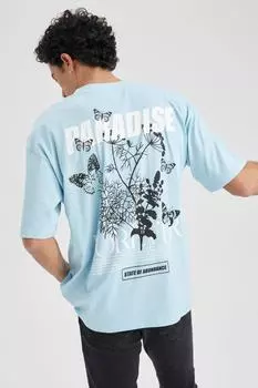 Футболка оверсайз из 100 % хлопка с круглым вырезом на спине и принтом DeFacto, синий