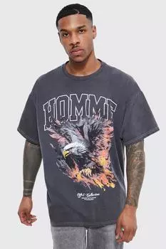 Футболка оверсайз overdye homme eagle с графикой Boohoo, угольный