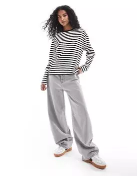 Футболка оверсайз с длинными рукавами и полосками в цвете экрю и черном Pull&Bear