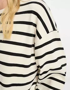 Футболка оверсайз с длинными рукавами и полосками Pull&Bear цвета экрю и черного цвета