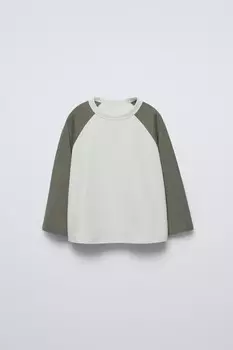 Футболка оверсайз с контрастными рукавами ZARA, зеленоватый