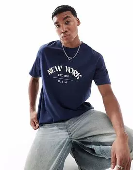 Футболка оверсайз с надписью Another Influence New York в темно-синем цвете