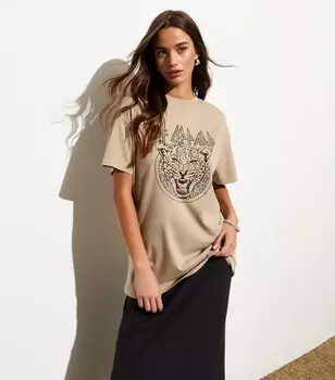 Футболка оверсайз с надписью Def Leppard из хлопка New Look, светло-коричневый