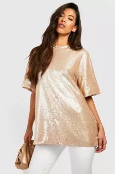 Футболка оверсайз с пайетками Boohoo, шампанское