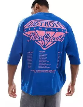 Футболка оверсайз с принтом «Детройт» на груди и спине синего цвета ASOS DESIGN