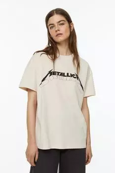 Футболка оверсайз с принтом H&amp;M, светло-бежевый/металлика