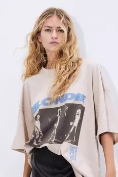 Футболка оверсайз с принтом H&M, бежевый