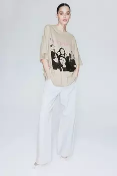 Футболка оверсайз с принтом H&M, бежевый
