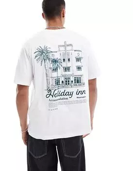 Футболка оверсайз с принтом Holiday Inn на спине белого цвета Jack & Jones