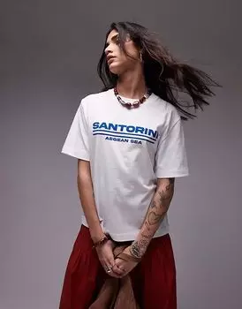 Футболка оверсайз с принтом Santorini белого цвета от Topshop