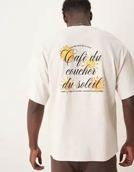 Футболка оверсайз с принтом солнца на спине кремового цвета Selected Homme