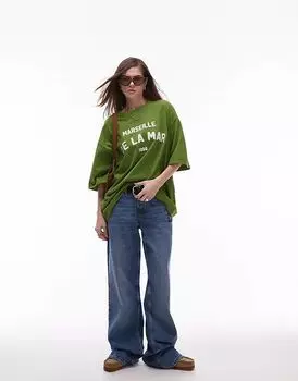 Футболка оверсайз с принтом Topshop De La Mar зеленого цвета