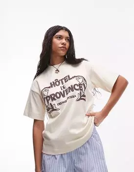 Футболка оверсайз с узором «Hotel de Provence» в стиле Topshop цвета слоновой кости