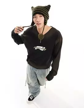 Футболка оверсайз темно-серого цвета с длинными рукавами Reclaimed Vintage, молнией 3/4 и логотипом