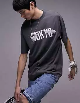 Футболка оверсайз Topman с темно-угольной вышивкой в виде журавля