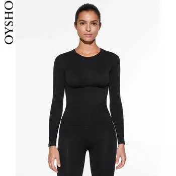 Футболка Oysho с длинными рукавами и круглым вырезом, черный