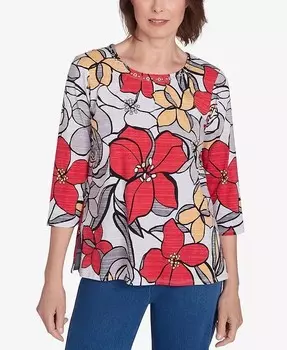 Футболка Petite Key Items с ярким цветочным принтом и рукавом три четверти Alfred Dunner, мультиколор
