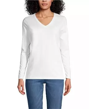 Футболка Petite Relaxed Supima Cotton с длинным рукавом и V-образным вырезом Lands' End, белый