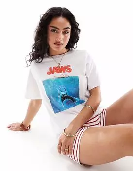 Футболка Pieces boy fit с принтом JAWS белого цвета