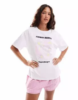 Футболка Pieces oversize с изображением цветочного рынка Копенгагена белого цвета