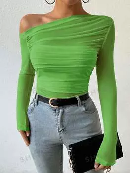 Футболка плиссированная Shein Priv с асимметричным вырезом, зеленый