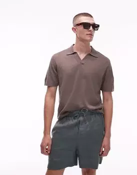 Футболка-поло ARKET из хлопка и льна с короткими рукавами светло-коричневого цвета