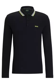 Футболка поло Boss Long-sleeved Cotton-piqu With Contrast Logo, черный
