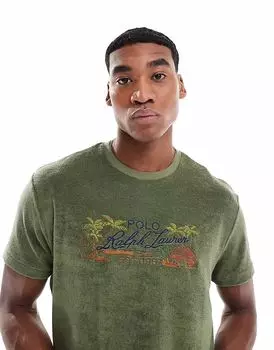 Футболка Polo Ralph Lauren из хлопчатобумажной махровой ткани с вышитым логотипом классического свободного кроя оливково-зеленого цвета