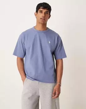 Футболка Polo Ralph Lauren со значком и надписью на спине, свободный крой, средне-голубого цвета