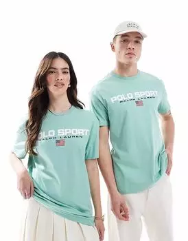 Футболка Polo Ralph Lauren Sport Capsule унисекс с большим принтом флага и логотипом, классического свободного кроя, светло-зеленого цвета