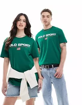 Футболка Polo Ralph Lauren Sport Capsule унисекс с большой грудью и логотипом-флажком, классического свободного кроя, средне-зеленого цвета