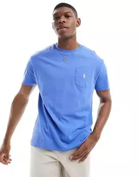 Футболка Polo Ralph Lauren средне-синего цвета с логотипом бренда, карманом и классическим оверсайз-кроем