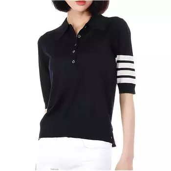 Футболка-поло с короткими рукавами и отделкой в виде 4-х полосных пуговиц THOM BROWNE, Marine Blue