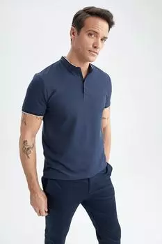 Футболка-поло с высоким воротником Modern Fit DeFacto, темно-синий
