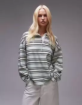 Футболка-поло Topshop в полоску с длинным рукавом для регби фисташкового цвета