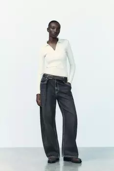 Футболка-поло в рубчик ZARA, экрю