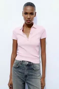 Футболка поло в рубчик ZARA, пастельно-розовый