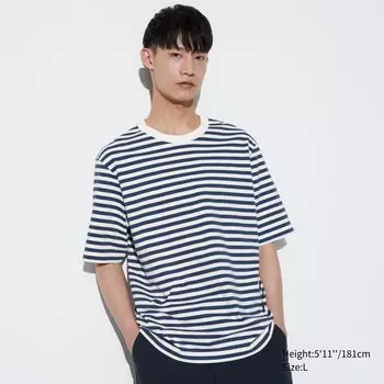 Футболка полосатая оверсайз Uniqlo с круглым вырезом, темно-синий